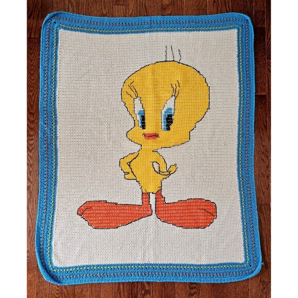 Tweety Bird Vtg Handmade Knit Crochet Baby Blanket Throw Nursery Looney Tunes - Picture 1 of 13
